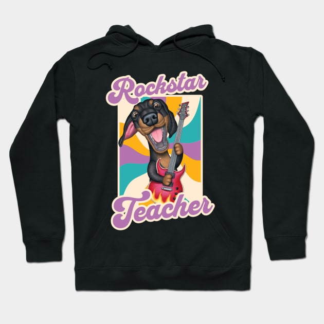 Rockstar Teacher with Dachshund Doxie Dog and guitar tee Hoodie by Danny Gordon Art